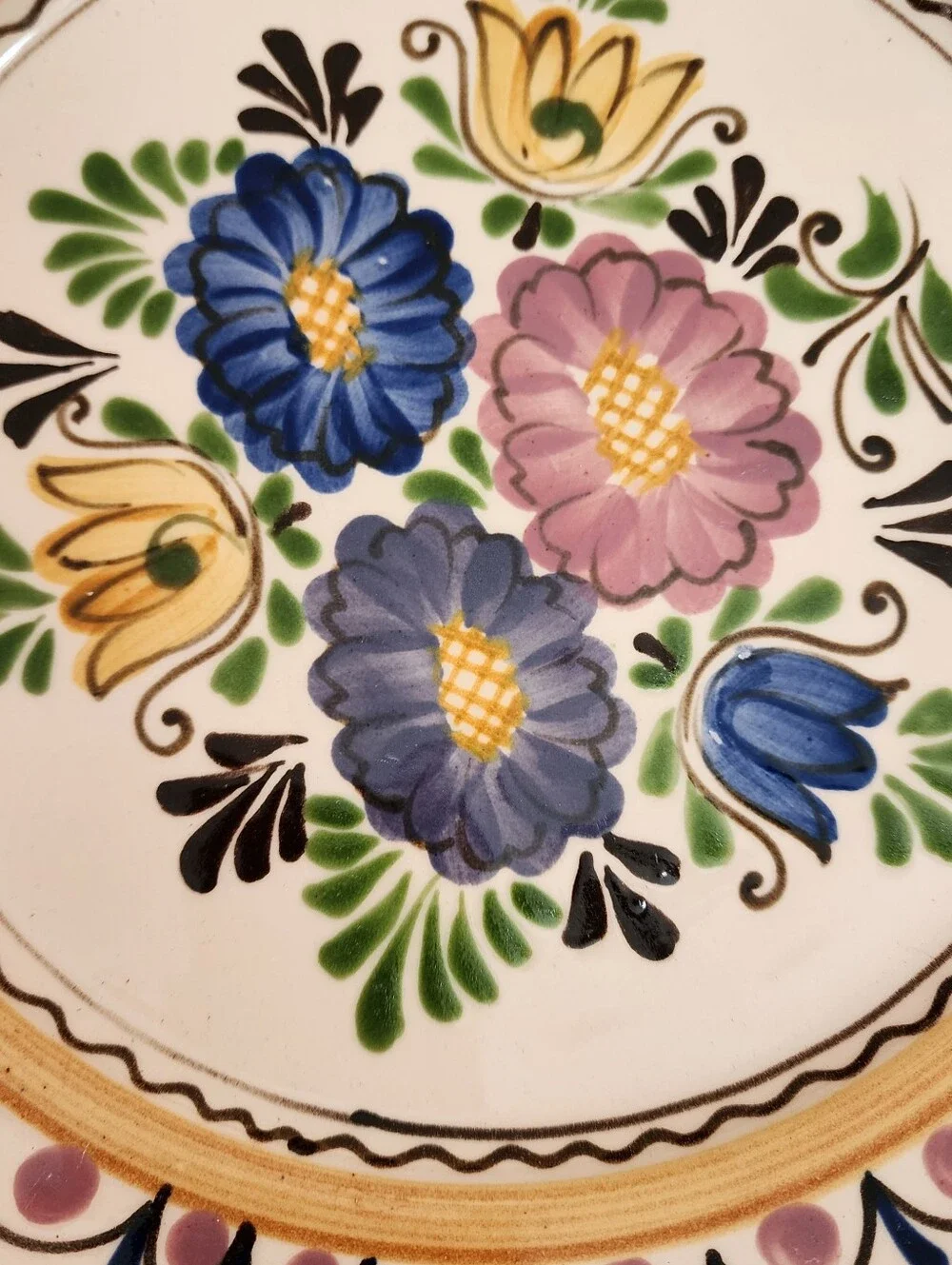 Vintage Hungary Folk Peasant Art Hand Painted Plate Floral Pottery 12.25